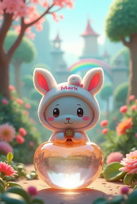 A delightful and whimsical scene of the beloved character Cinnamoroll, now 3D, with the name MARK written on its adorable white hood. Eumie is sitting on a crystal glass apple that sparkles and glimmers with a golden hue. The background reveals a beautiful...