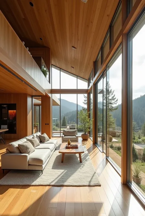 A beautiful house with wood and glass inside room