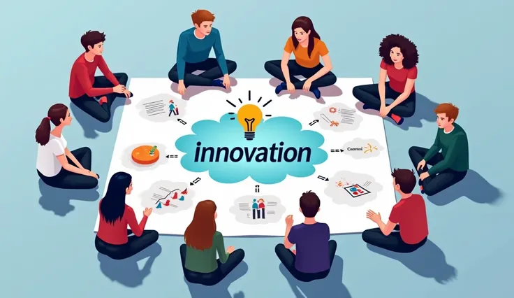 A group of diverse young adults are gathered around a large sheet of paper, collaboratively brainstorming. The paper features a large, light-blue thought bubble with a lightbulb inside, and the words "INNOVATION
" written in bold, stylized lettering. Sever...