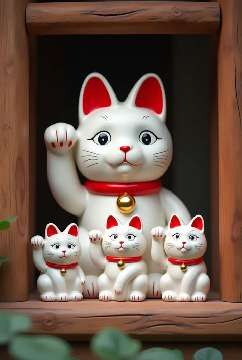 This is a photograph of five Japanese Maneki-Neko figurines, also known as beckoning cats, placed in a wooden window frame. The central figure is a large, white cat with red ears and a red collar with a gold bell, raising its left paw. Surrounding are four...