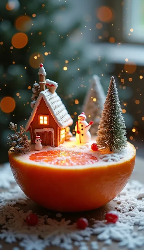 miniature projection landscape in a huge cut grapefruit lying on the table, 3d micro winter fairy tale winter gingerbread house + snowman in grapefruit, micro winter town landscape in grapefruit, gingerbread house + cheerful snowman in grapefruit, @milka_s...