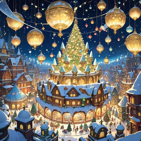 Ten giant plated hand bells are floating in the sky and playing Christmas songs on a holy night. city night sky, This is cute fantasy art that looks like a fairy tale picture book, ultra detailed, absolutely resolution, masterpiece