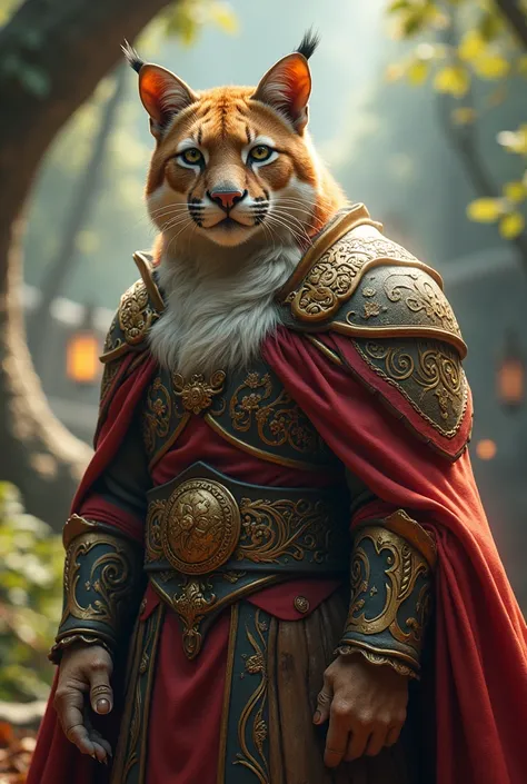 Anthropomorphic cougar, furry body, elaborate noble forest outfit, dynamic pose, complex fantasy character, in a bright forest town, cinematic lighting, fantasy, magic, detailed background, best quality, HDR, 8K, photo realistic, RAW photo, highly detailed