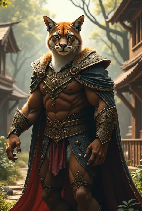 Anthropomorphic cougar, furry body, elaborate noble forest outfit, dynamic pose, complex fantasy character, in a bright forest town, cinematic lighting, fantasy, magic, detailed background, best quality, HDR, 8K, photo realistic, RAW photo, highly detailed