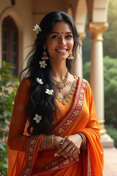 "A beautiful Indian woman wearing a traditional saree with intricate designs and vibrant colors, showcasing elegance and grace. She has long, flowing hair adorned with jasmine flowers and is accessorized with traditional jewelry, including bangles, earring...