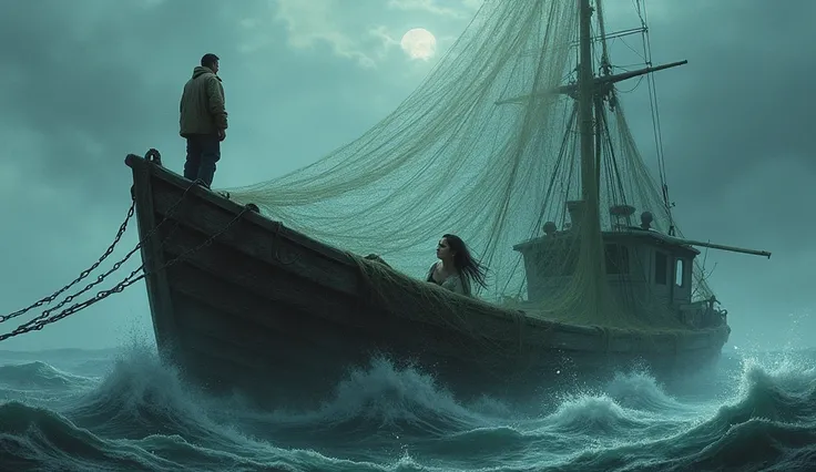 The image shows a mysterious and dramatic scene on a fishing boat at sea. A fisherman stands to one side, looking at a woman lying in a large fishing net. The woman is partially covered by the net, giving her an ethereal, almost otherworldly look, as thoug...