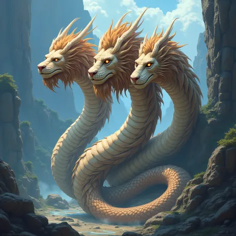 A powerful dragon, in the shape of a snake, has three heads. The first is a lion, the second is Moez, and the second is Moez. Tibans head said illustrations 