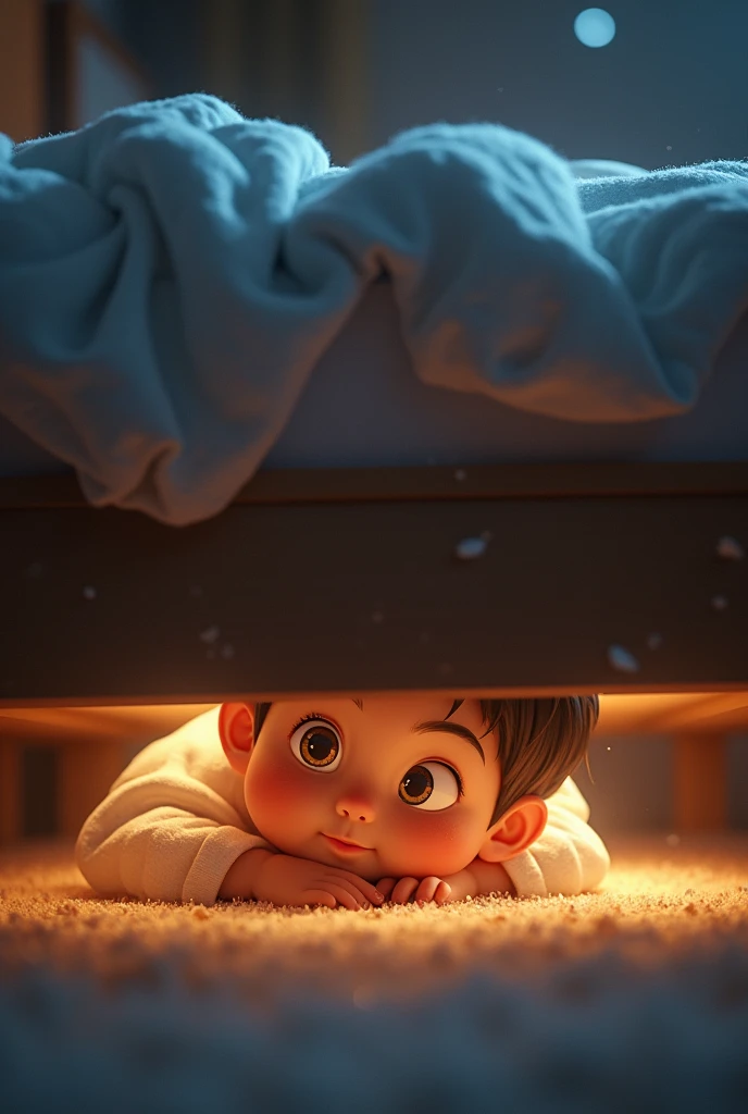 Create an image of the brother lying under the bed that lights up