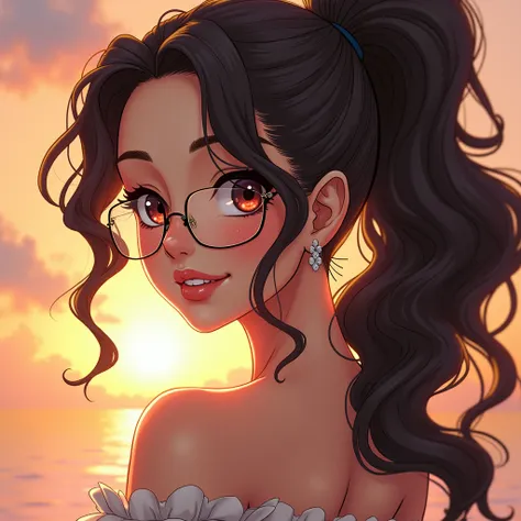 

"A mesmerizing figure with cascading curly hair gracefully tied in a playful ponytail, framing a face of celestial beauty. Her sultry, slender eyebrows arch delicately, complementing her radiant smile that glows like the sun and enchants like the moon. S...