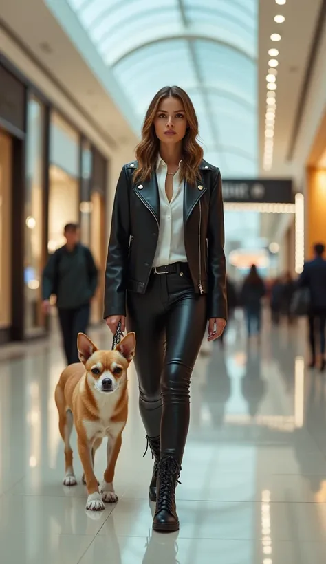 A hyper-photorealistic indoor portrait of a confident woman in her early 30s, dressed in a sleek black leather jacket, fitted pants, and stylish ankle boots, walking side by side with a single, absolutely colossal Chihuahua on a reinforced leather leash in...