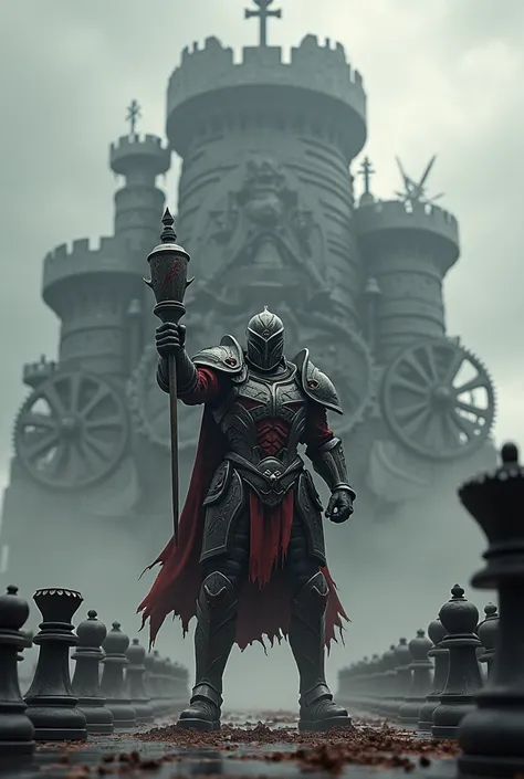 Chess warrior ,  with a gear castle with toothed wheels in the background,  winner of his defeated rivals ,  gray color range , red and black,  remember that chess is black and white 