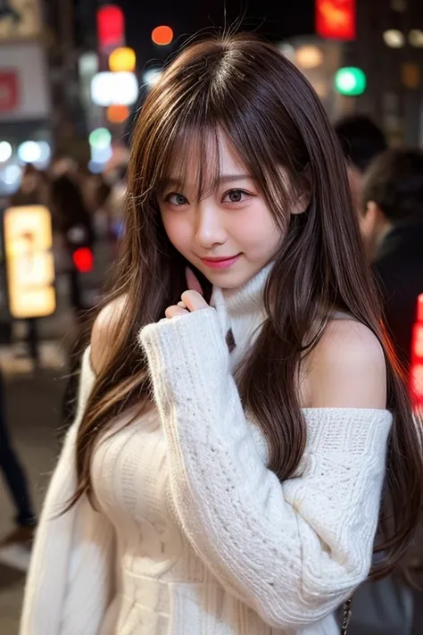 winter, urban area, Tokyo, gorgeous cityscape, amid the crowd, city shines with christmas illuminations, dressed in winter fashion, blushing, being embarrassed, laughing, long length hair, bright brown hair, hair fluttering in the wind, beautiful white-col...