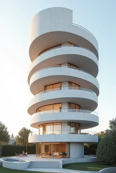 The design of a six-storey apartment in a modern and minimalist style in the form of a rotating cone and each unit has a large terrace and a facade of white stone