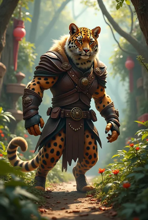 Anthropomorphic leopard, furry body, elaborate leather forest armor, dynamic pose, complex fantasy character, in a bright forest town, cinematic lighting, fantasy, magic, detailed background, best quality, HDR, 8K, photo realistic, RAW photo, highly detail...