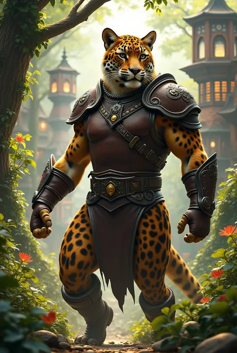 Anthropomorphic leopard, furry body, elaborate leather forest armor, dynamic pose, complex fantasy character, in a bright forest town, cinematic lighting, fantasy, magic, detailed background, best quality, HDR, 8K, photo realistic, RAW photo, highly detail...