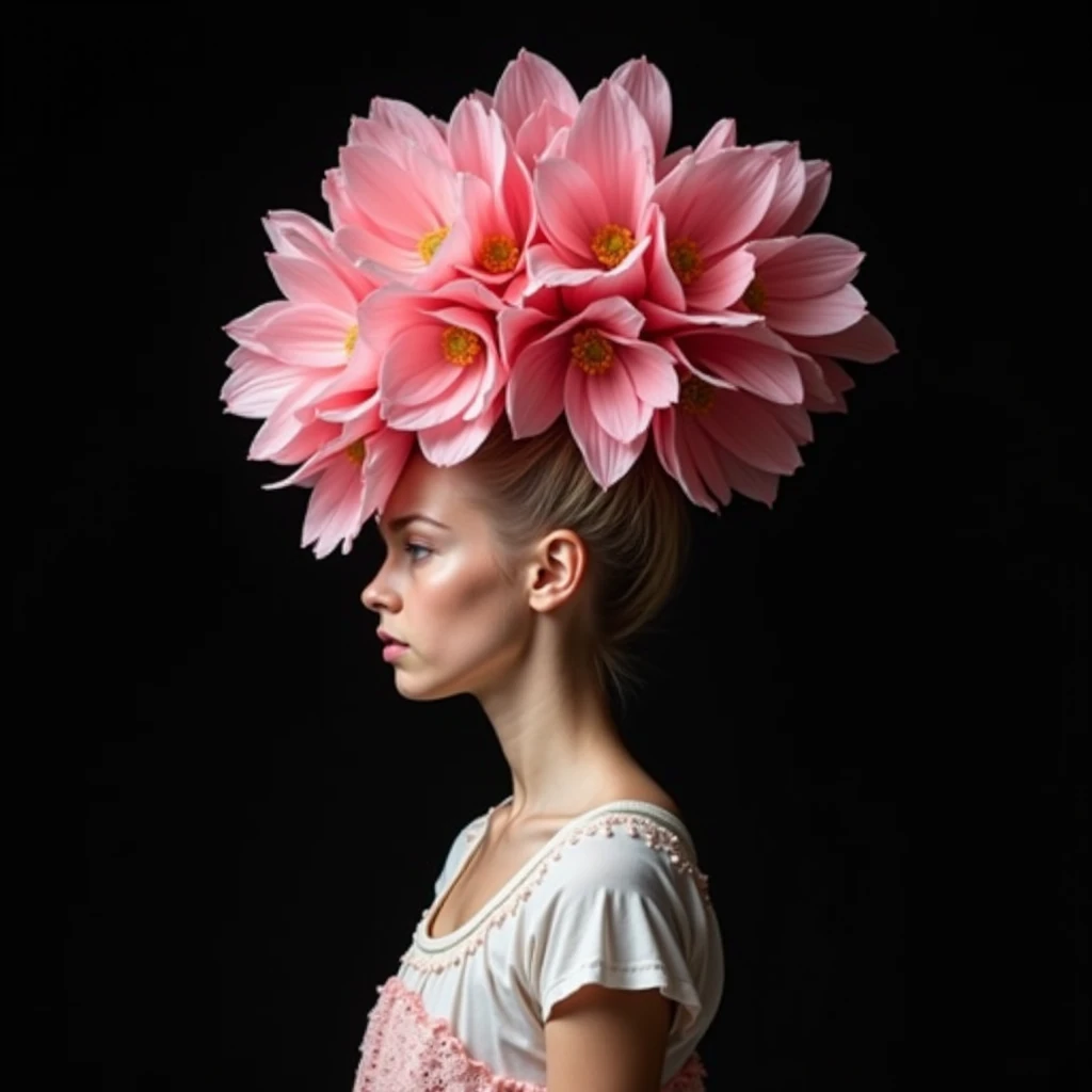 Create an artistic portrait of a person with a large, abstract hairstyle made entirely of vibrant pink flowers, set against a solid black background. The figure should be shown in profile, wearing a white top with delicate details and a light pink lace ski...