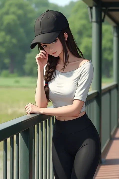 "A woman standing outdoors in a natural setting with greenery and trees in the background. She is slightly leaning forward over a metal railing, holding onto it with both hands. She is wearing a white fitted tank top and black high-waisted leggings. Her ha...