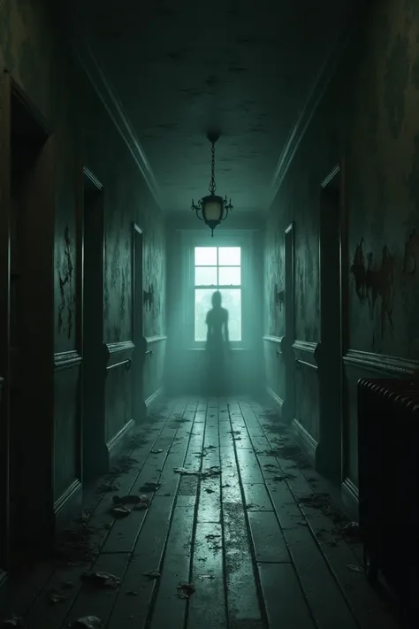 A long, dimly lit hallway of an abandoned mansion. The wallpaper is peeling, and the wooden floorboards creak. Shadows flicker from a distant window, creating a haunting atmosphere. A faint outline of a figure is visible at the far end of the hallway.