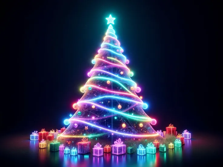 vibrant Christmas tree, multicolored LED lights, grownd shot,no characters, large tree, star topper, shiny ornaments, red gifts, grass field, outdoor night, colorful outline lights, decorative reindeer, festive, sparkling, magical holiday atmosphere, ral-l...