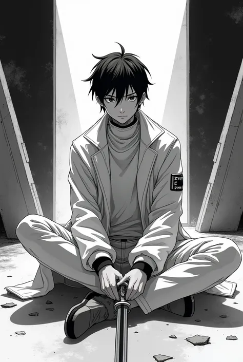 Black and white, 2d anime style, male, wearing cyberpunk white style outfit, sitting on a chair, holding a cyber katana 