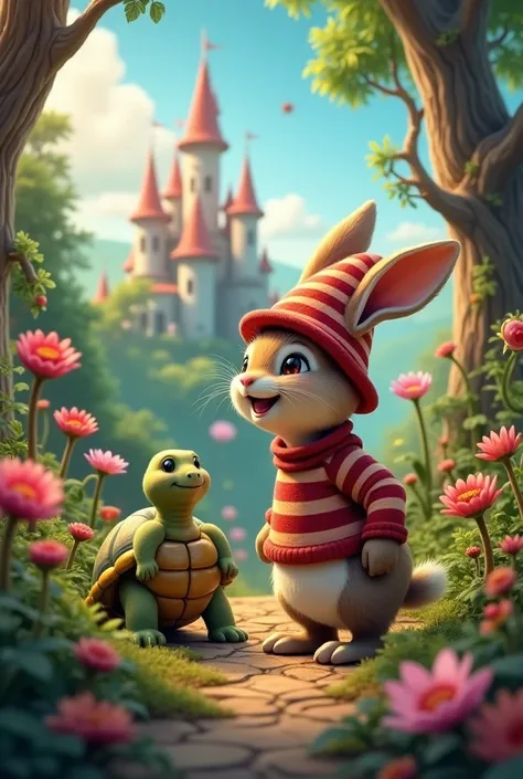  Charming scene with the Hare and the Turtle , in a vibrant wonderland . Forest animals all around ,  bizarre plants and friendly fairy-tale animals.  A hare in a red and white striped shirt and hat,  with a curious and joyful expression .  The sky glows i...