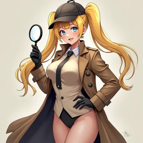  two-dimensional anime style ，blond，Twin ponytails， blue eyes ，G cup， girl，White and tender skin，Holding a magnifying glass ， Wearing a classic detective costume，Cosplay Holmes ，Tit showing 