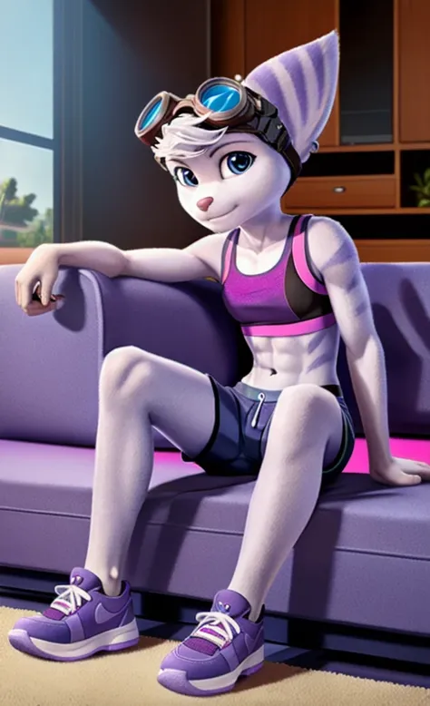 Rivet, tail, furry girl, 1girl, solo, young, (blue shorts), (purple sports bra), (pink shoes), inside livingroom, sitting on a couch, detailed body fur, detailed body, detailed eyes, detailed face, athletic, skinny, high quality, masterpiece, goggles, look...