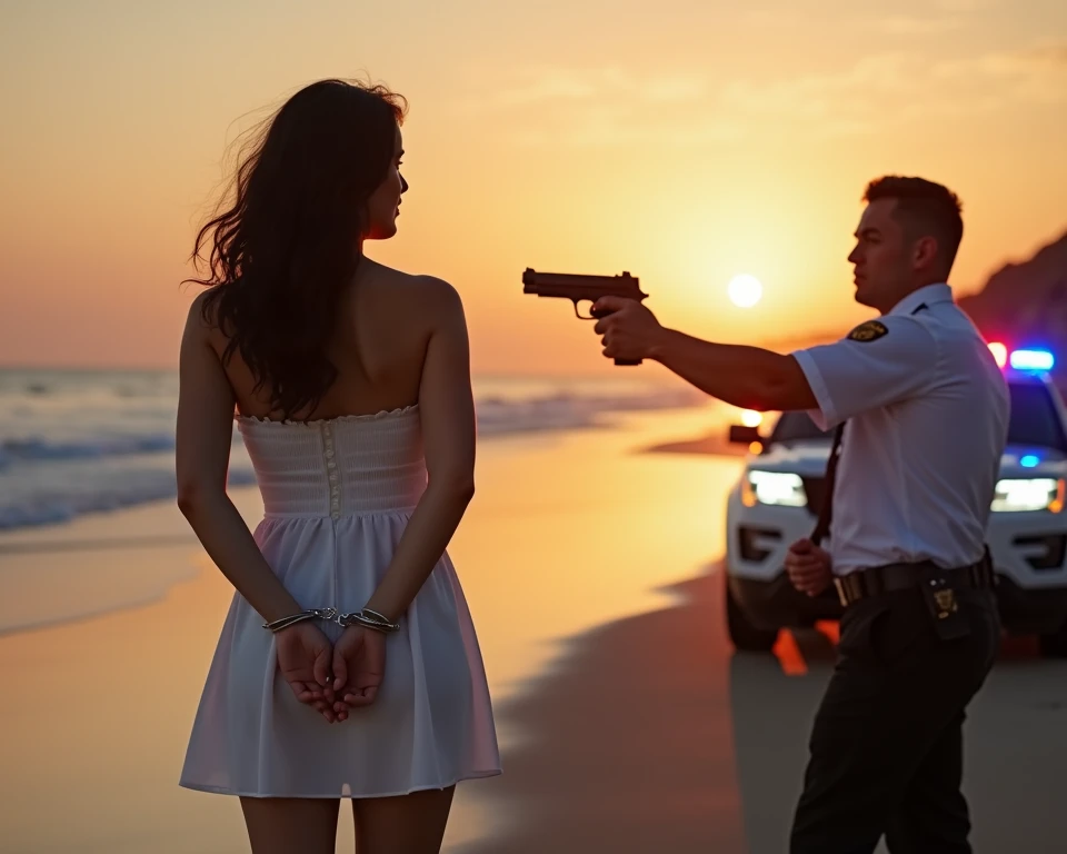 nsfw, sexy curvy slim 20yo pale white american girl (black wavy hair) arrested by white male police officer, she is handcuffed behind her back in tight metal hinged police handcuffs, she is standing on a beach her legs spread, (she is only wearing white ti...