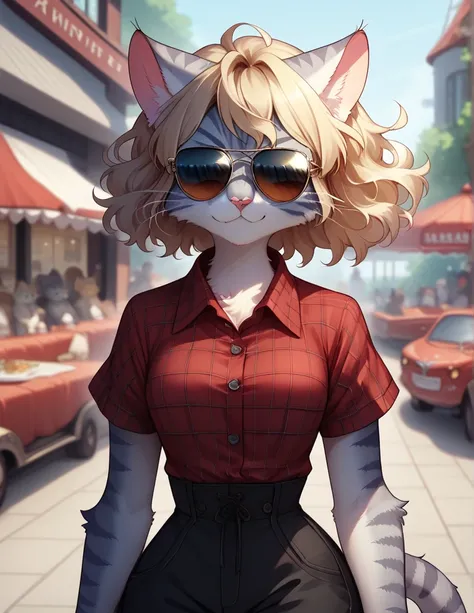 score_9,score_8_up,score_7_up, kemono style, Kat, Anthro furry feline, silver fur, grey stripes on body, aviator sunglasses covering eyes. short wavy blonde hair, red bandana tied to head, pink nose, :3, upper body shot, wearing red plaid tied collared shi...