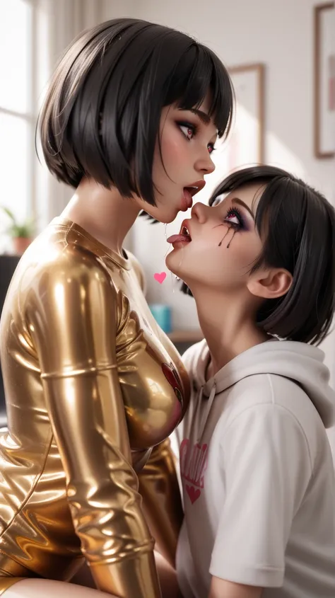 Older sister and younger sister in extremely tight shiny golden latex sweatshirt, bob cut,  black hair, saliva, salivafluss, salivaspur, Heart-shaped eyes, Lens reflection, Reflected light, kiss, Strong Makeup, Are in the apartment sitting at the computer 