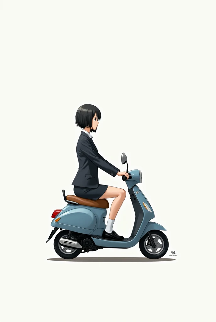 live-action、Real、Beautiful Japanese high school girl wearing a blazer、Black Hair、Short Bob、Loose socks、Black Loafers、Riding a Honda Motocompo、See who&#39;s watching、White background
