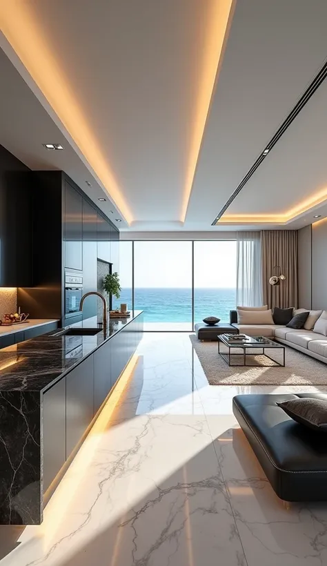 "The interior of the villa embodies the elegance and cutting-edge technology of a Mercedes-Benz, with a sleek, minimalist design infused with luxurious details. The open-plan living space features polished white marble floors with subtle metallic streaks, ...