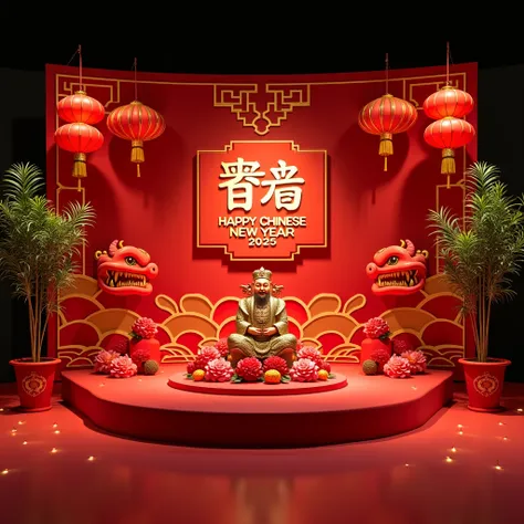 A vibrant Chinese New Year-themed stage designed for the Year of the Snake 2025. The stage is 1.2 meters high and 5 meters wide, featuring a rich red backdrop adorned with golden snake motifs, traditional Chinese cloud patterns, and tiers of hanging red an...