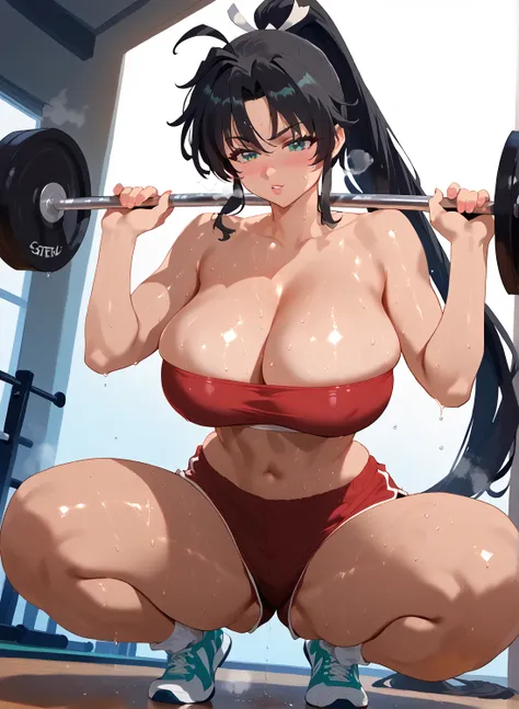 SFW,score_9,score_8_up,score_7_up,uncensored,8k, Homura_XL, very long hair, black hair, green eyes, hair ribbon, ponytail,, tan.,tube top,round breasts, breasts together,,navel, thick thighs,short pants, break,, Top Quality, High Definition, Anime style,,、...