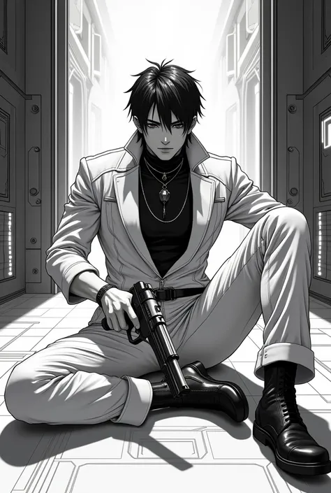 Black and white, 2d anime style, male, wearing white cyberpunk style outfit, sitting on a floor, holding a revolver, inside a scifi room