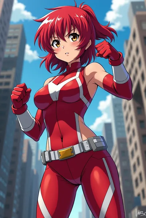      My Hero Academia Style ,       anime girl     , woman, young woman ,      full body shot   ,(   battle pose   :1.3),  long hair, Red Hair,     Brown Eyes   ,   hero suit, Full Body Suit,    red suit with white details,  （ Toughened Abs) ,   super deta...