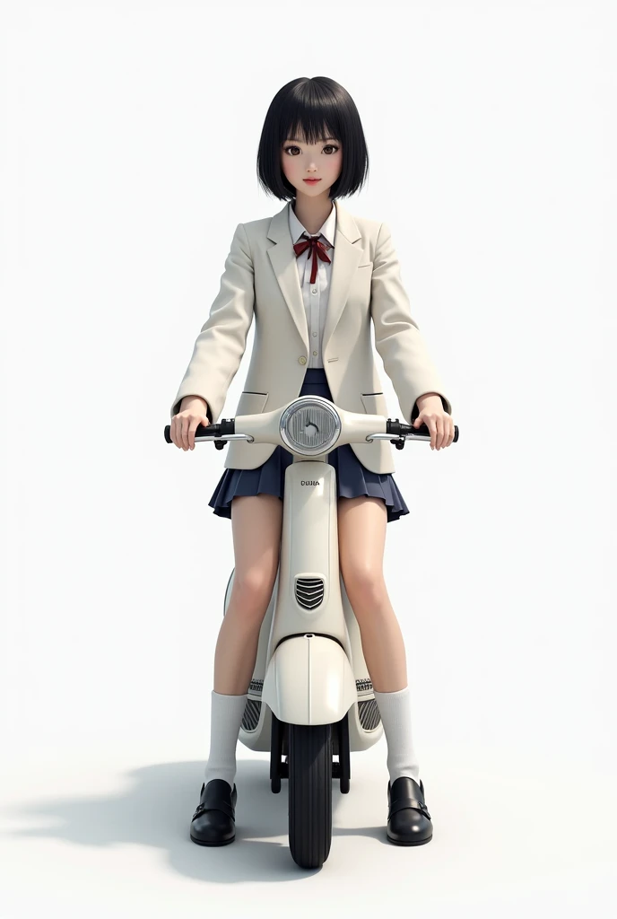 live-action、Real、Beautiful Japanese high school girl wearing a blazer、Black Hair、Short Bob、Loose socks、Black Loafers、Riding a Honda Motocompo、See who&#39;s watching、White background, front view
