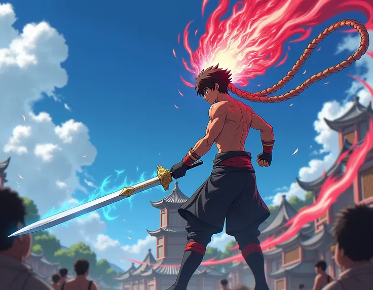 write a perfect image generating prompt for idea #manhwa #musicle young male # good back ground # holding a sword # about ranking up in a tower # power boy # color # blue energy coming out of his sword # red black energy coming out of his body # muscle sha...