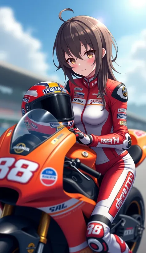 (1girl, statuesque body, adorable), (best quality, highres, anime style, realistic:1.1), motogp rider, posing next to motogp motorcycle, holding her helmet, depth of field, circuit background, detailed textures