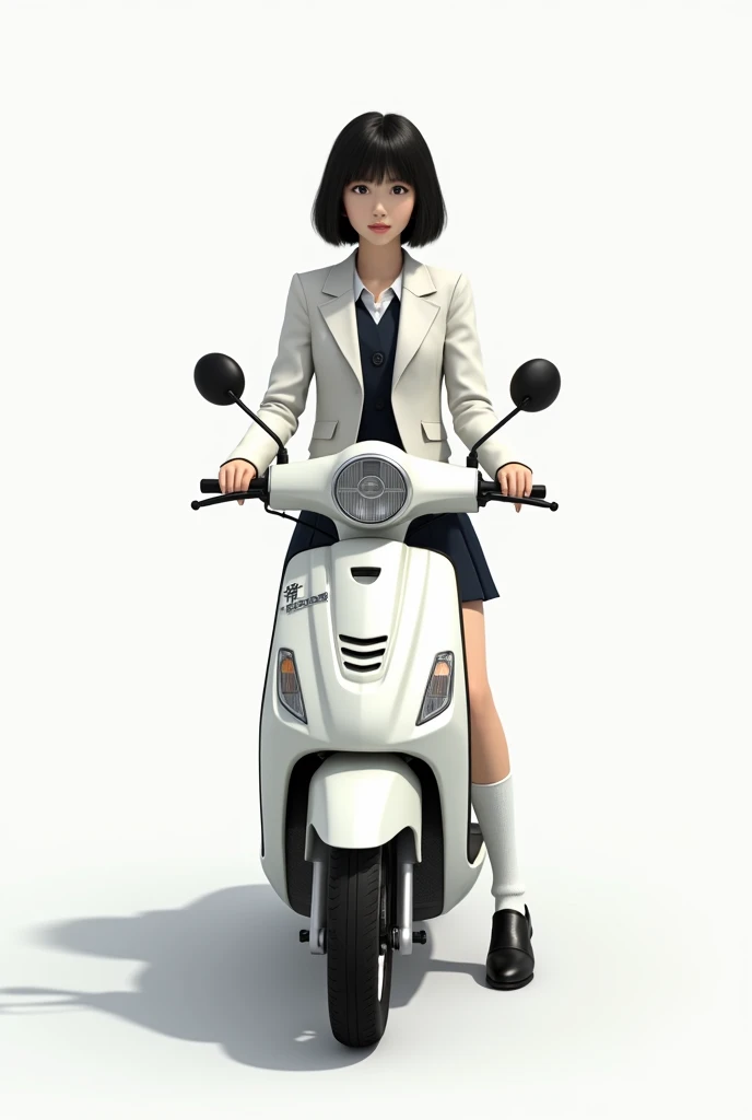 live-action、Real、Beautiful Japanese high school girl wearing a blazer、Black Hair、Short Bob、Loose socks、Black Loafers、Riding a Honda Motocompo、See who&#39;s watching、White background, front view
