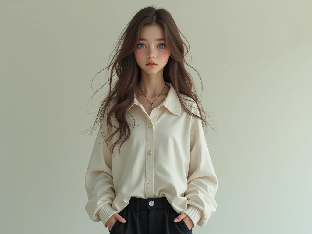 1 girl with brown long wavy hair, light skin, blue heart pupil eyes, , taking a selfie with a white large shirt and black baggy pants, not smiling