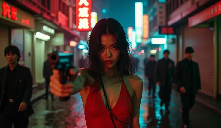 This scene combines signature elements from Wong Kar Wais films: Hong Kong City Nightscape, Gun Girl Hong Kong 1991 Starring Sibelle Hu wearing a red swimsuit She is holding an uzi gun . Behind is a gang of gangsters that Im following.