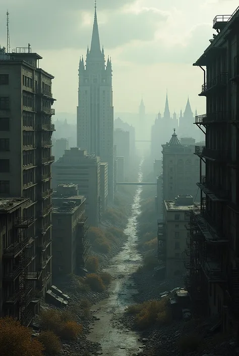 Generate Moscow in the style of the post-apocalypse from a vantage point