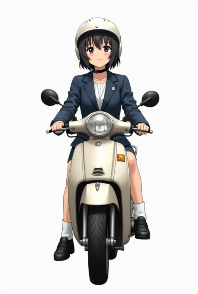 live-action、Real、Beautiful Japanese high school girl wearing a blazer、Black Hair、Short Bob、Loose socks、Black Loafers、Riding a Honda Motocompo、helmet,See who&#39;s watching、White background, front view
