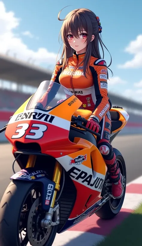 (1girl, statuesque body, adorable), (best quality, highres, anime style, realistic:1.1), motogp rider, posing next to motogp motorcycle, holding her helmet, depth of field, circuit background, detailed textures