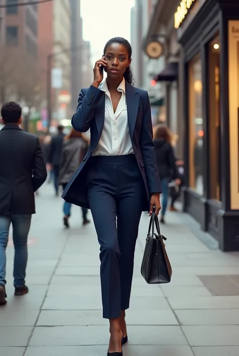 Femme noire habillée en tailleur bleu marine et chemise blanche marchant dans la rue en chaussure talon avec son sac à la main. Elle parle au téléphone. Elle a lair exaspérée et agacée. Ses cheveux sont attachés.