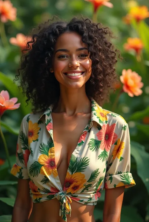  A Brazilian woman in a lush tropical garden,  wearing an open shirt with floral print ,  with a close up capturing the harmonious beauty between her breasts and the natural flowers,  showing your natural charm and outgoing personality.