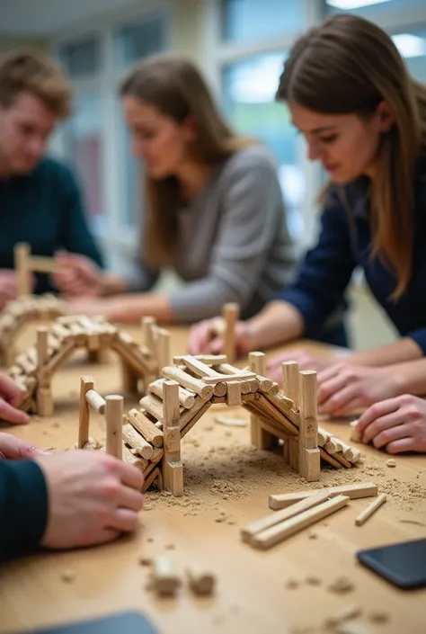 Un événement d’entreprise de BTP organise une compétition en équipe avec ses salariés de faire des minis constructions avec des objets de notre quotidien comme un pont avec des bâtons de bois de la nature. Il doit y avoir deux équipes visibles en train de ...