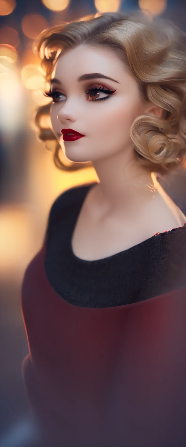  The image is a photo in portrait-style ,  camera depicting a woman with fair skin and wavy blond hair up to the shoulders. She has expressive facial features ,  including expressive dark eyebrows ,  is important and she uses red lipstick .  Her eyes are a...