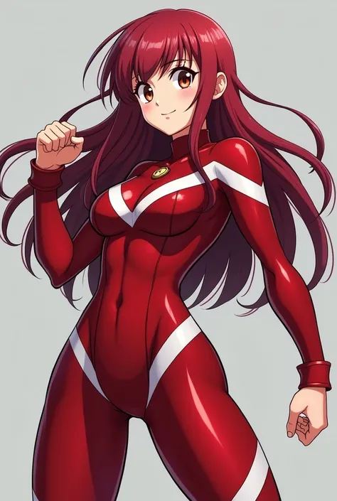      My Hero Academia Style ,       anime girl     , woman, young woman ,      full body shot   ,(   battle pose   :1.3),  long hair, Red Hair,     Brown Eyes   ,   hero suit, Full Body Suit,    red suit with white details,  （ Toughened Abs) ,   super deta...